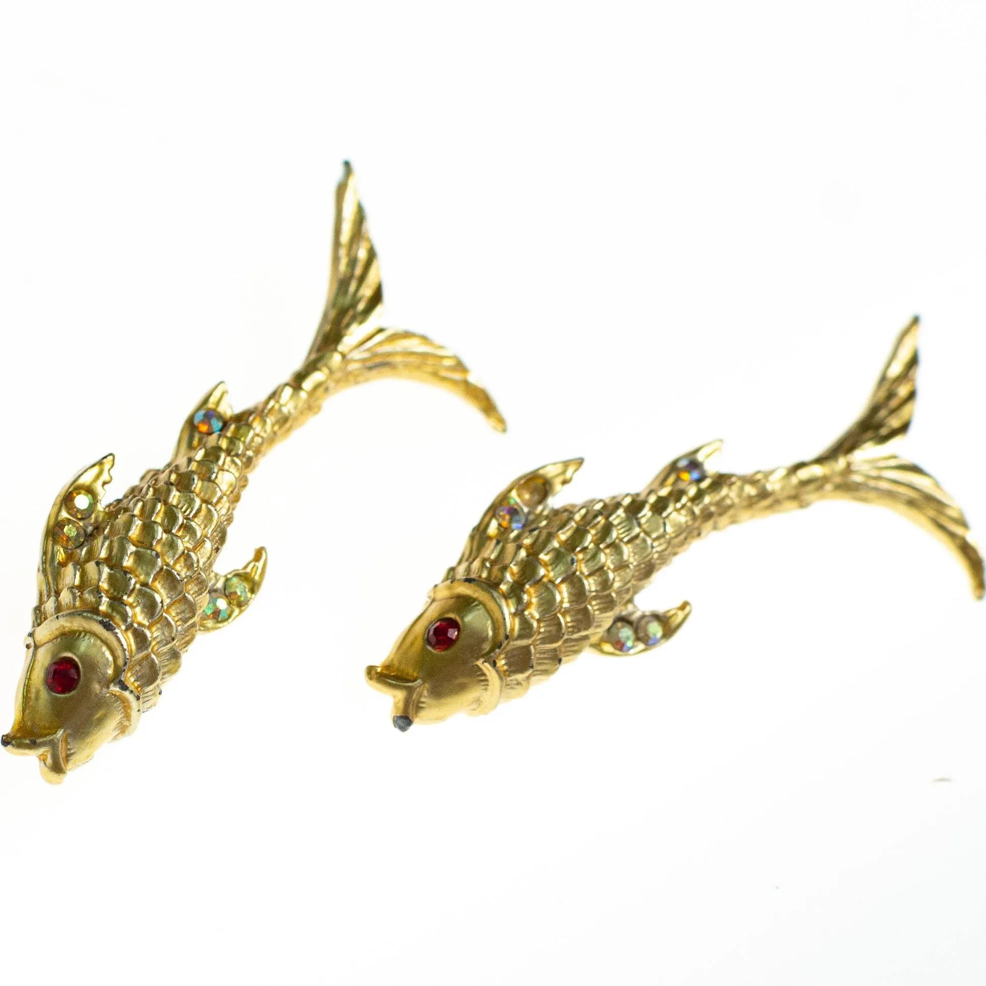 Vintage Jumping Koi Fish Scatter Pin Brooch Set, Gold Tone with Rhinestones