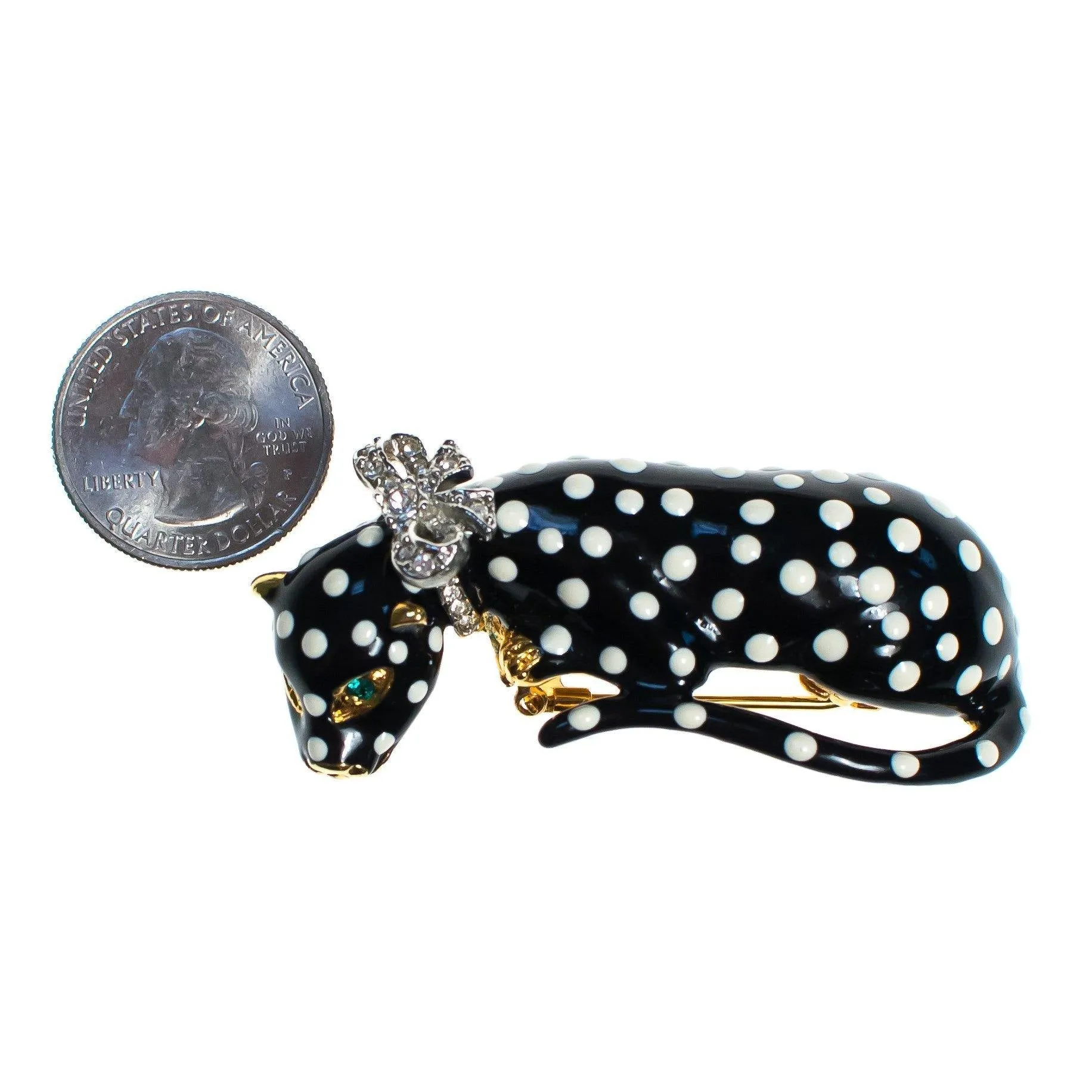 Vintage Kenneth Jay Lane Leopard Brooch, Black with White Spots, Green Rhinestones, Clear Rhinestones, Fur Clip, Dress Clip