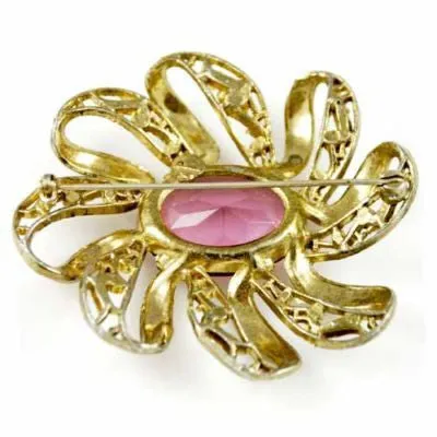 Vintage Large Goldtone Brooch/Pink Stone 1940S