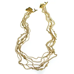 Vintage Long Gold Chatelaine Brooch with Jumping Koi Fish