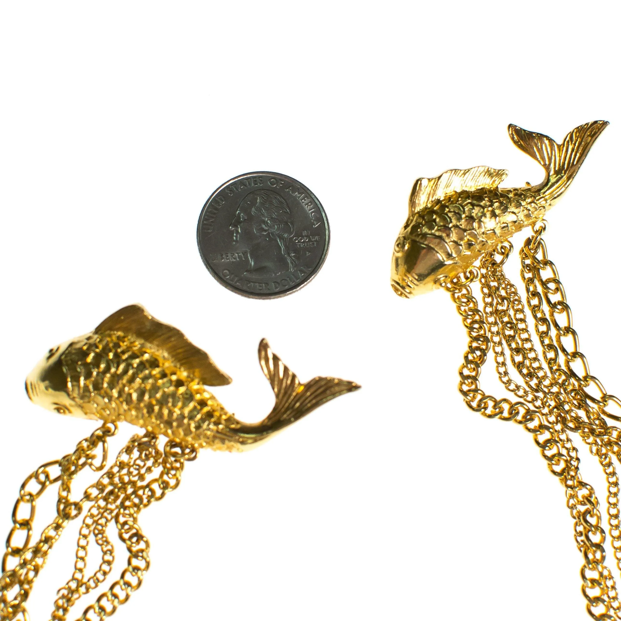 Vintage Long Gold Chatelaine Brooch with Jumping Koi Fish