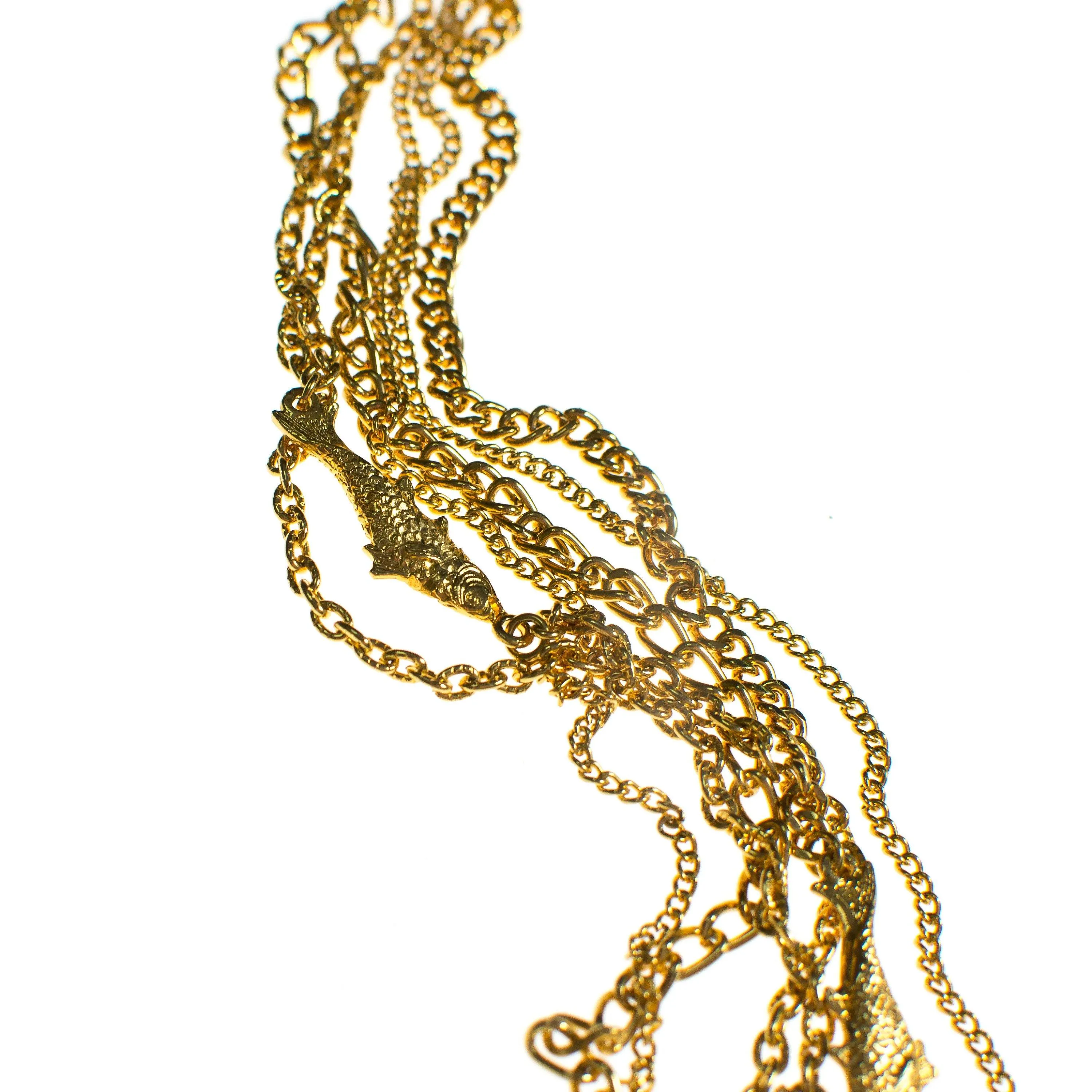 Vintage Long Gold Chatelaine Brooch with Jumping Koi Fish
