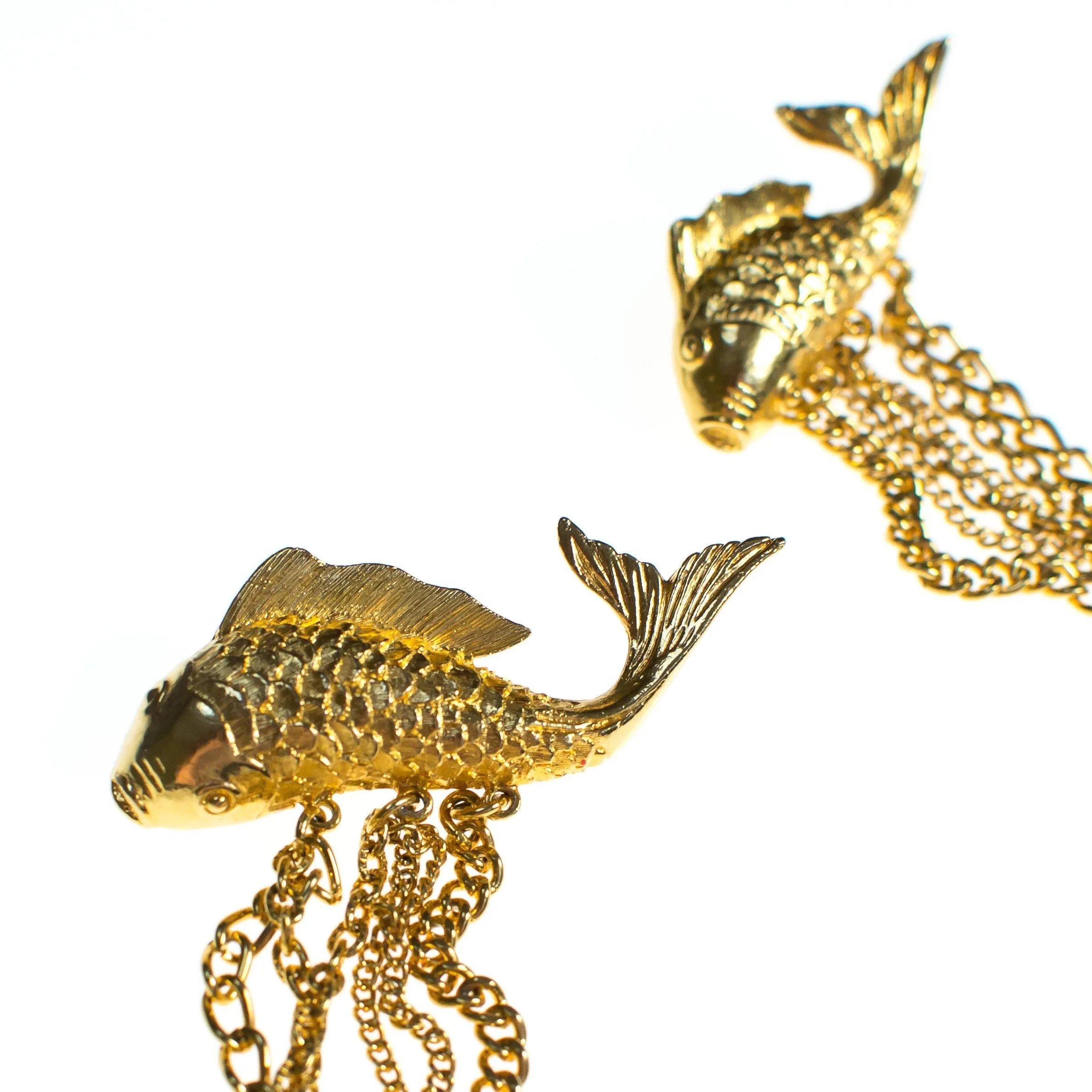 Vintage Long Gold Chatelaine Brooch with Jumping Koi Fish