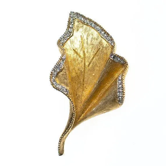 Vintage Mid Century Modern Gold Leaf Brooch with Diamante Crystal Rhinestones