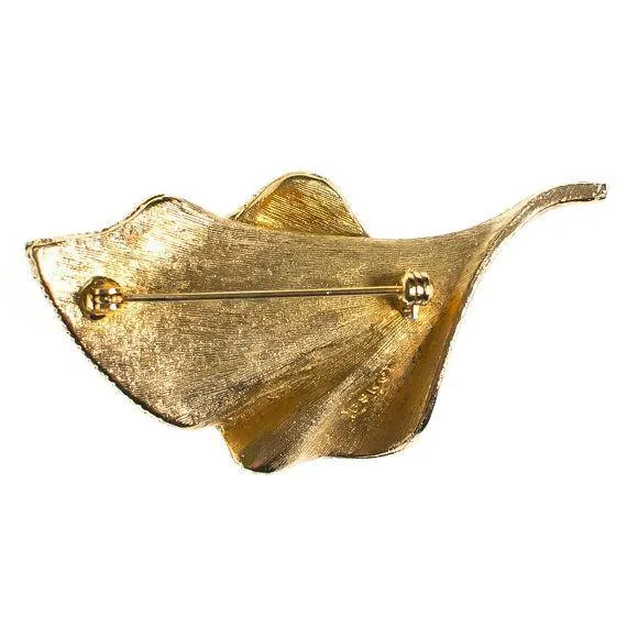 Vintage Mid Century Modern Gold Leaf Brooch with Diamante Crystal Rhinestones
