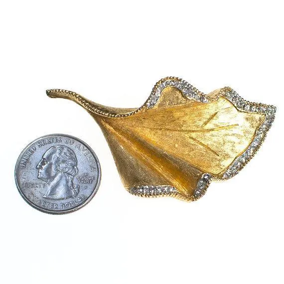 Vintage Mid Century Modern Gold Leaf Brooch with Diamante Crystal Rhinestones