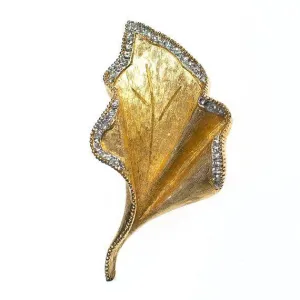 Vintage Mid Century Modern Gold Leaf Brooch with Diamante Crystal Rhinestones