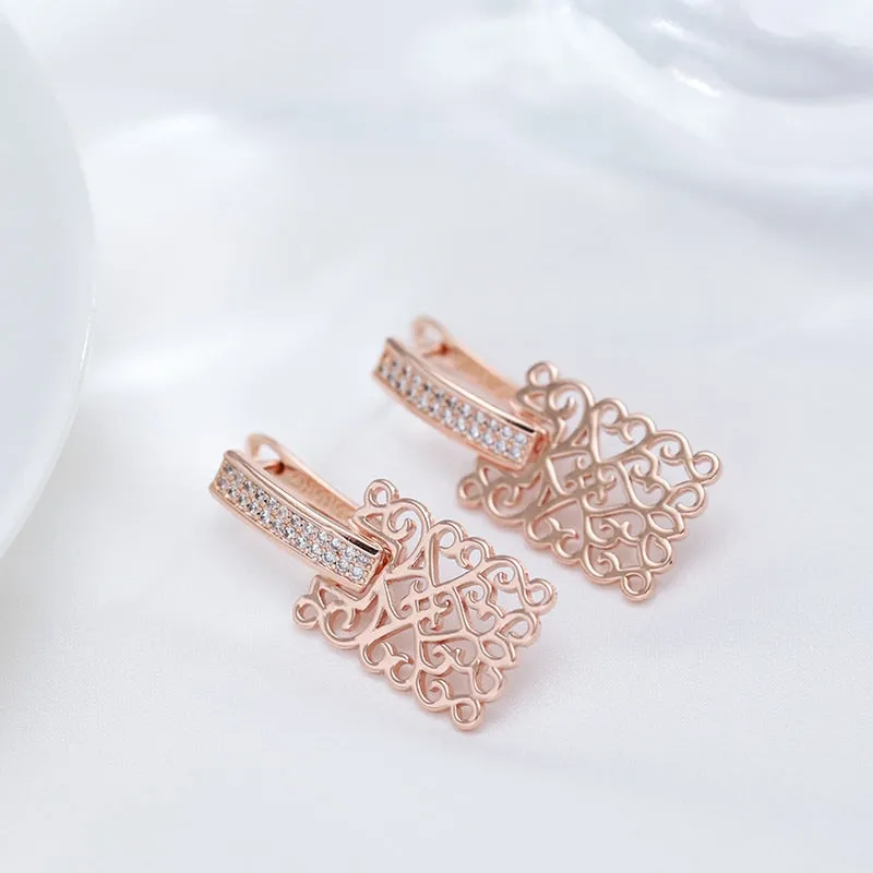 Vintage Natural Zircon Square Earrings 585 Rose Gold for Women Jewelry