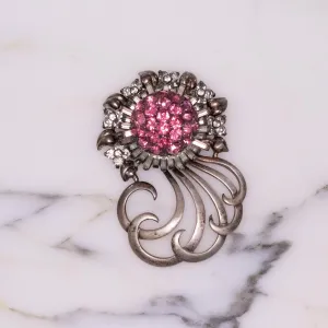 Vintage Pennino Sterlin Silver Brooch, Pink and Clear Rhinestones, Silver Tone Setting, Brooches and Pins
