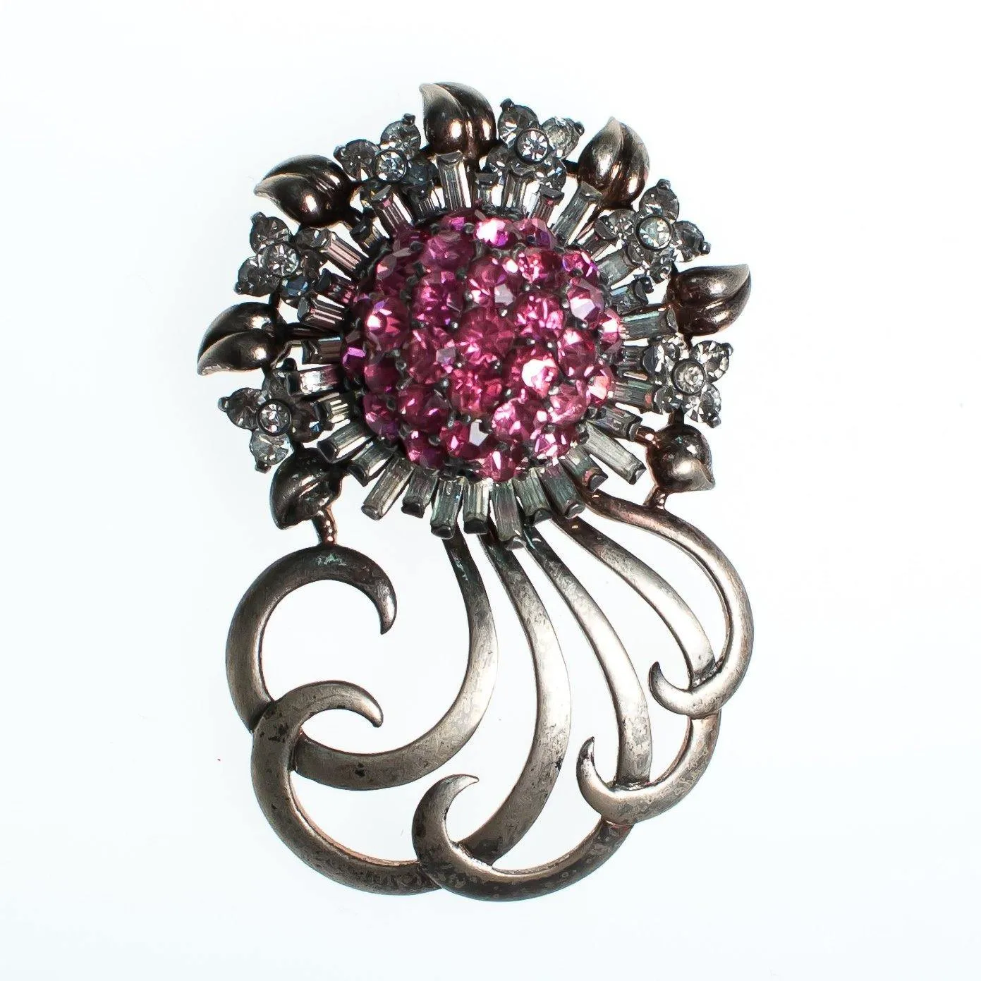 Vintage Pennino Sterlin Silver Brooch, Pink and Clear Rhinestones, Silver Tone Setting, Brooches and Pins