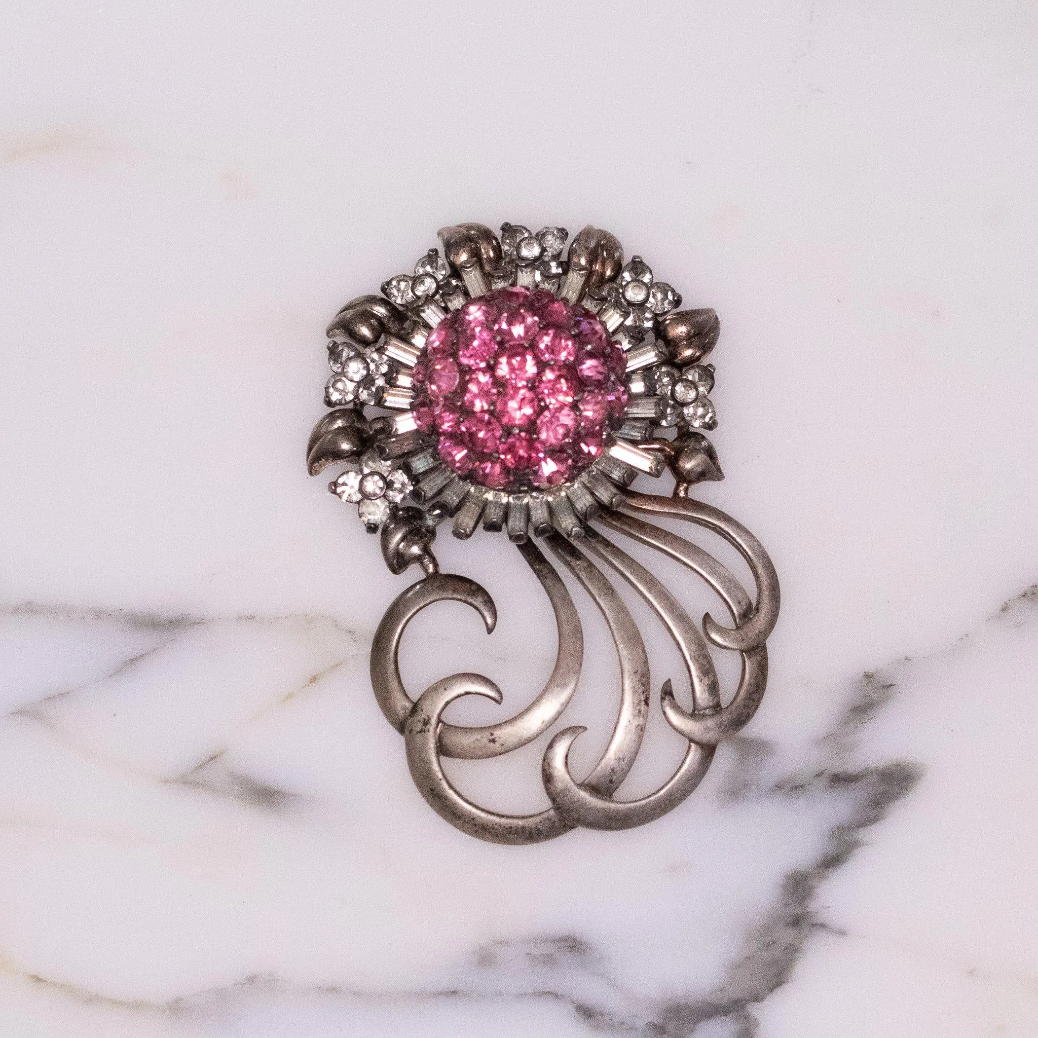 Vintage Pennino Sterlin Silver Brooch, Pink and Clear Rhinestones, Silver Tone Setting, Brooches and Pins