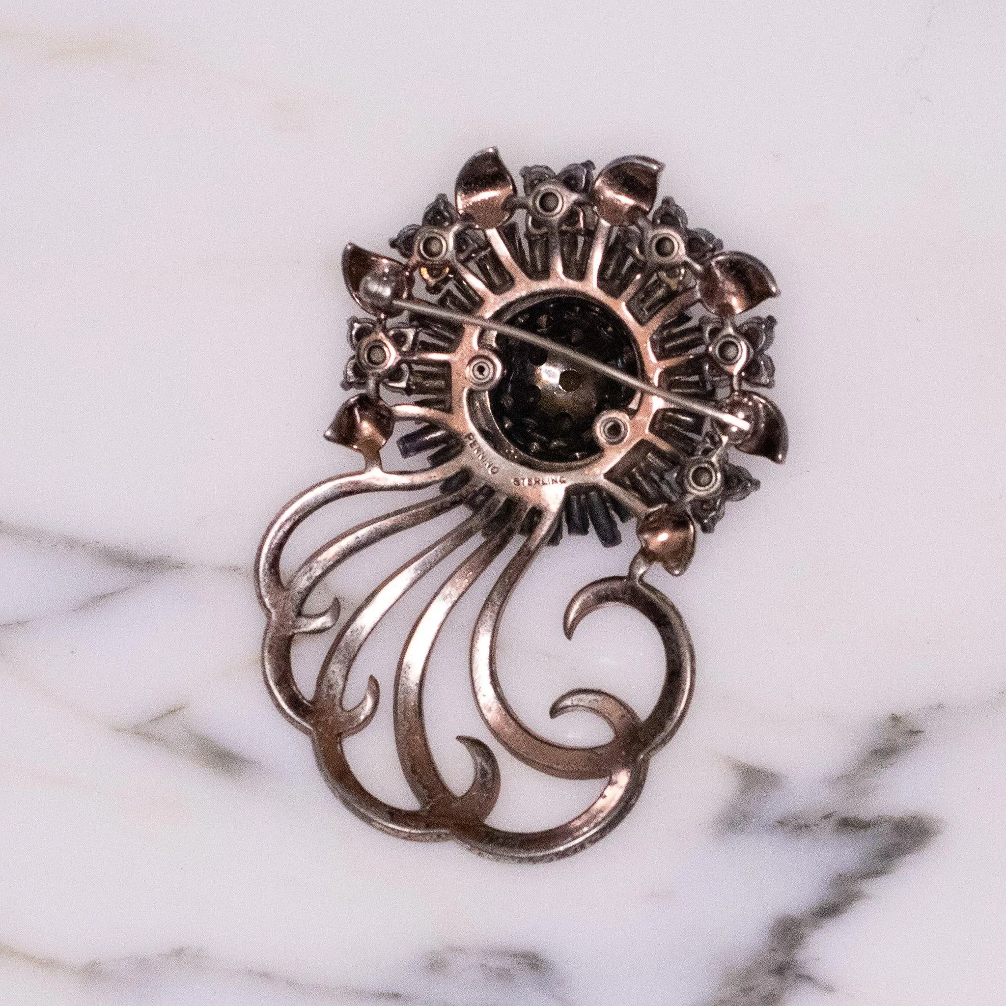 Vintage Pennino Sterlin Silver Brooch, Pink and Clear Rhinestones, Silver Tone Setting, Brooches and Pins