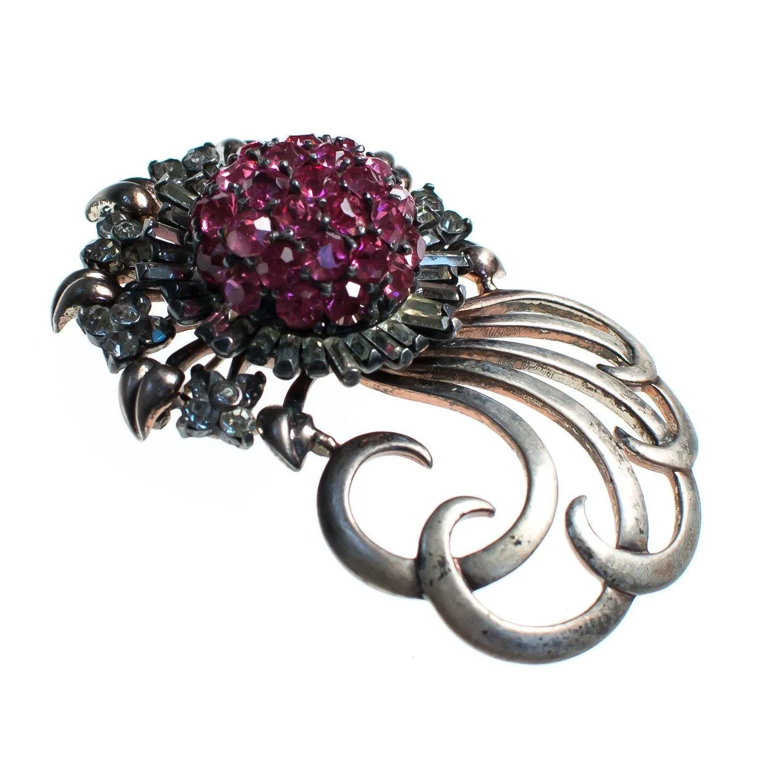 Vintage Pennino Sterlin Silver Brooch, Pink and Clear Rhinestones, Silver Tone Setting, Brooches and Pins
