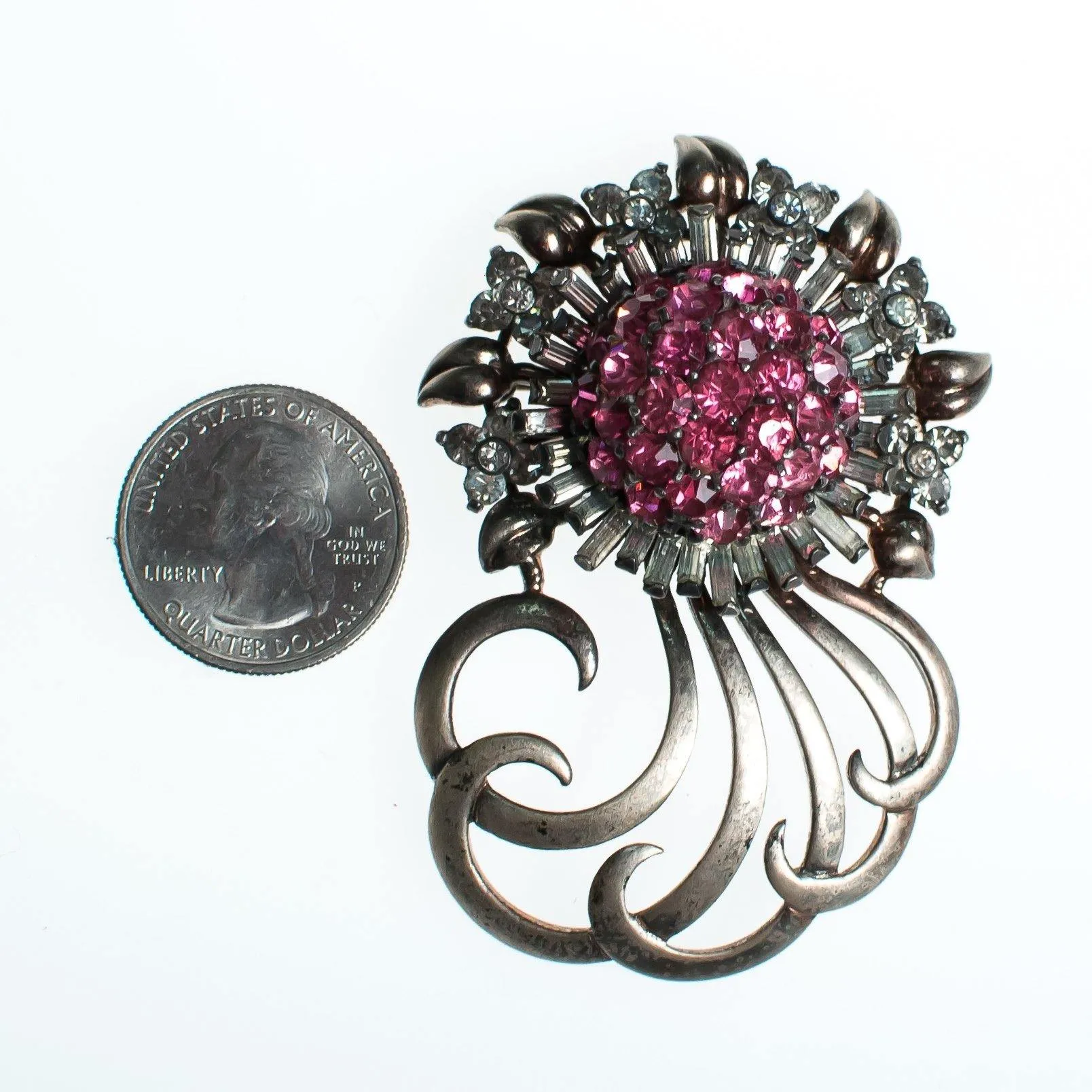 Vintage Pennino Sterlin Silver Brooch, Pink and Clear Rhinestones, Silver Tone Setting, Brooches and Pins