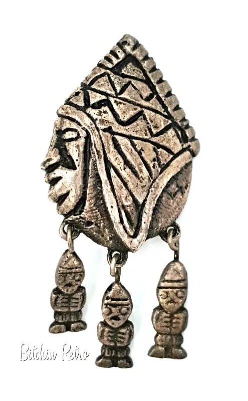 Vintage Primitive Brooch Articulated 900 Silver Tribal Pin