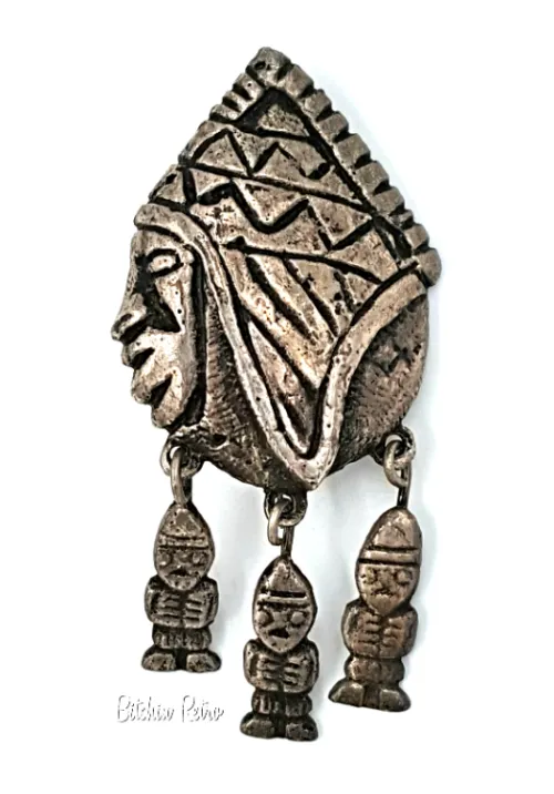 Vintage Primitive Brooch Articulated 900 Silver Tribal Pin