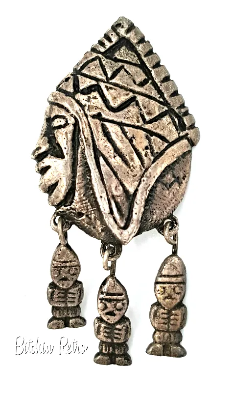 Vintage Primitive Brooch Articulated 900 Silver Tribal Pin