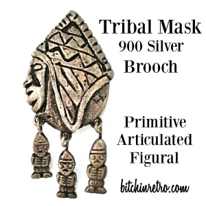 Vintage Primitive Brooch Articulated 900 Silver Tribal Pin
