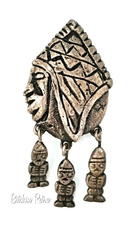Vintage Primitive Brooch Articulated 900 Silver Tribal Pin