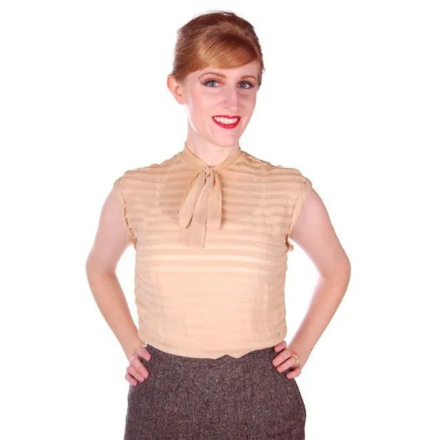Vintage Rayon Chiffon Tan Blouse Pleated Bow Back Zip 1950s 36-30