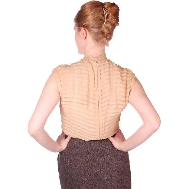 Vintage Rayon Chiffon Tan Blouse Pleated Bow Back Zip 1950s 36-30