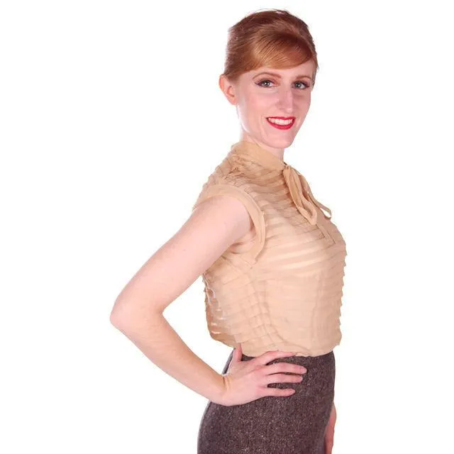 Vintage Rayon Chiffon Tan Blouse Pleated Bow Back Zip 1950s 36-30