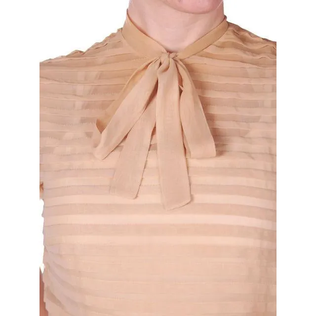 Vintage Rayon Chiffon Tan Blouse Pleated Bow Back Zip 1950s 36-30