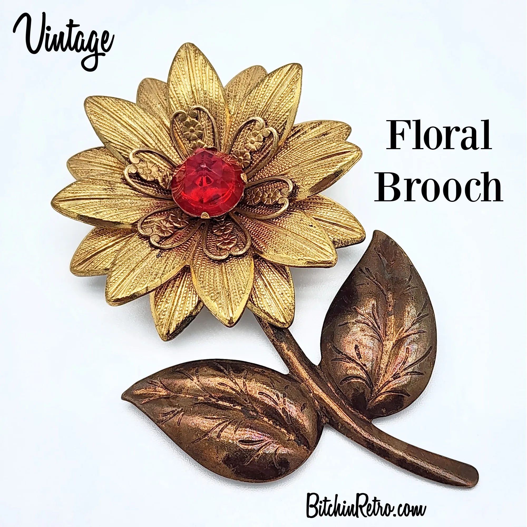 Vintage Repousse Mixed Metal Flower Brooch With Red Bud