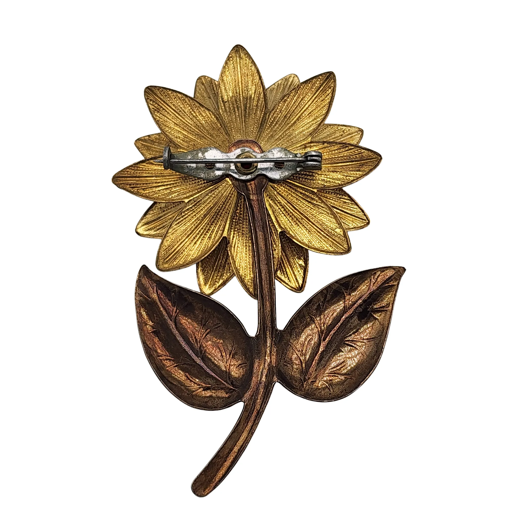 Vintage Repousse Mixed Metal Flower Brooch With Red Bud