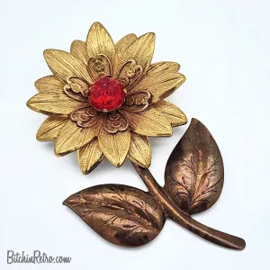 Vintage Repousse Mixed Metal Flower Brooch With Red Bud