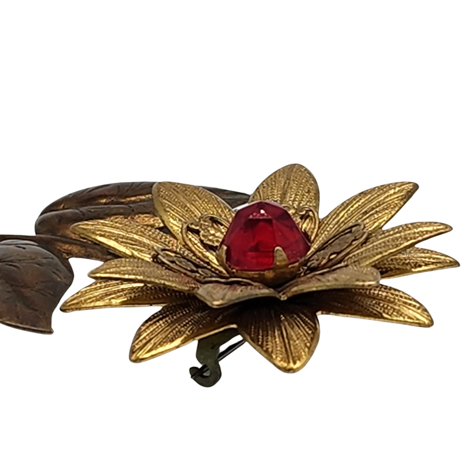 Vintage Repousse Mixed Metal Flower Brooch With Red Bud