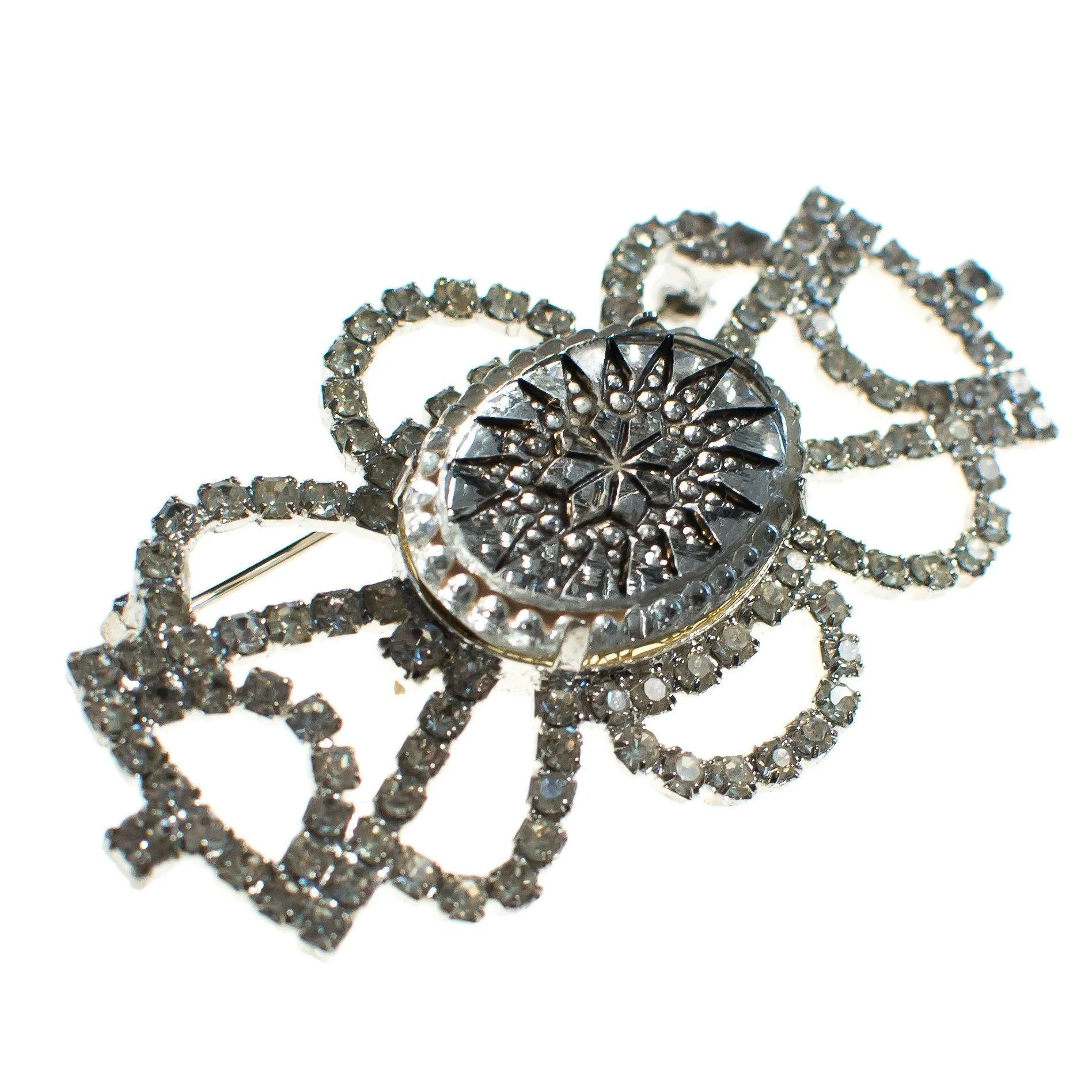 Vintage Rhinestone Brooch with Etched Crystal Center