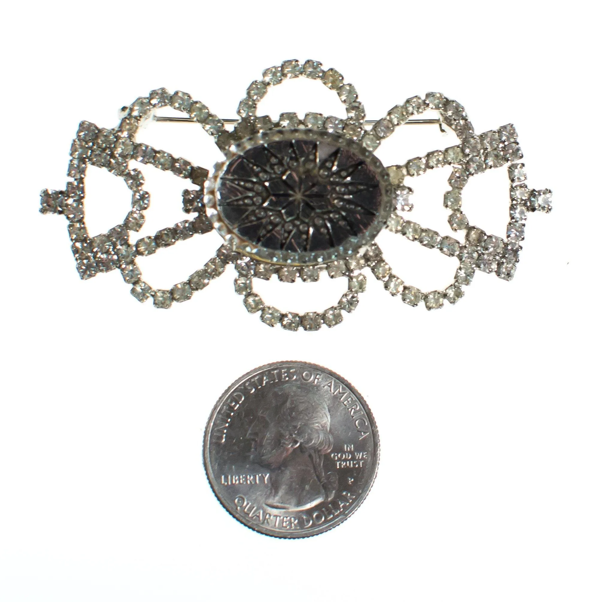 Vintage Rhinestone Brooch with Etched Crystal Center