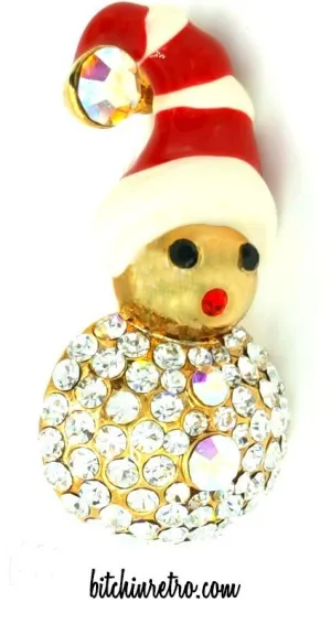 Vintage Rhinestone Christmas Brooch with Holiday Mouse in Stocking Cap