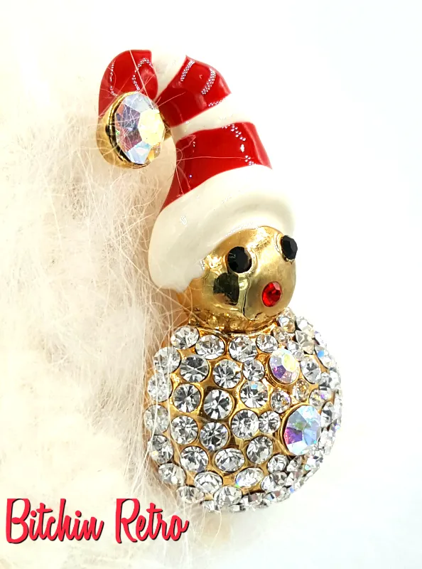 Vintage Rhinestone Christmas Brooch with Holiday Mouse in Stocking Cap