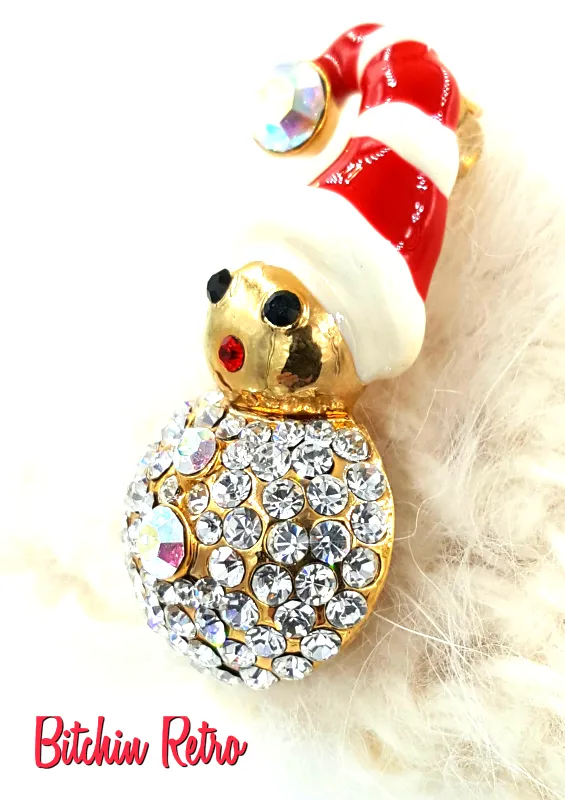 Vintage Rhinestone Christmas Brooch with Holiday Mouse in Stocking Cap