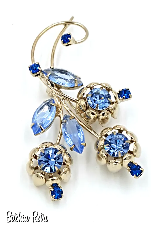 Vintage Rhinestone Flower Brooch, Art Nouveau Style in Shades of Blue