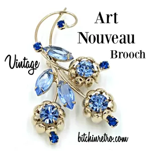 Vintage Rhinestone Flower Brooch, Art Nouveau Style in Shades of Blue