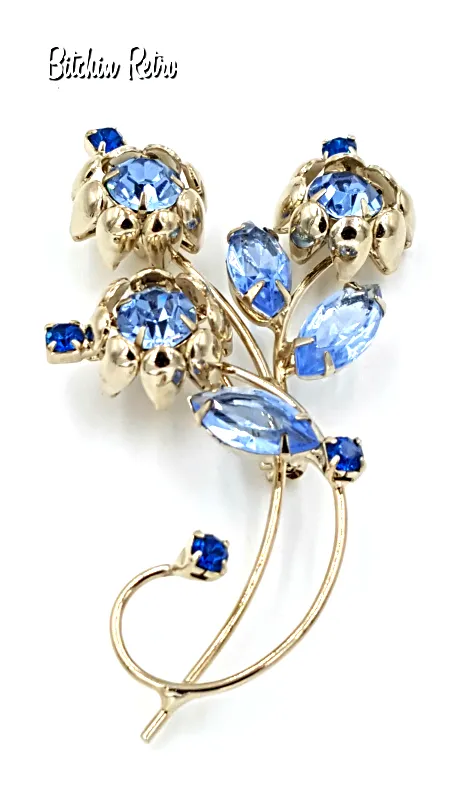Vintage Rhinestone Flower Brooch, Art Nouveau Style in Shades of Blue
