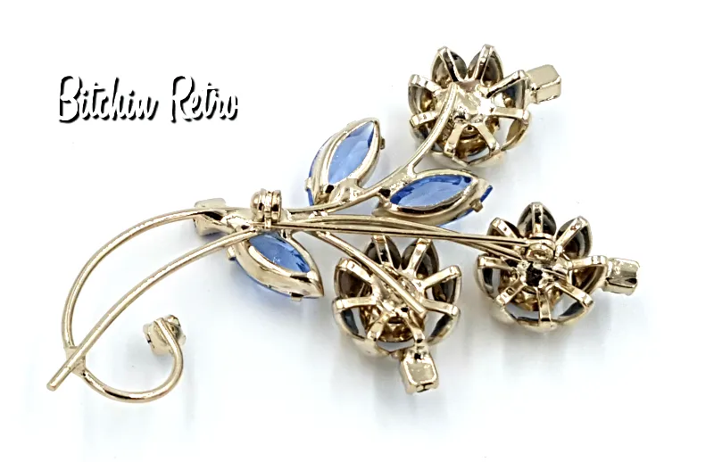 Vintage Rhinestone Flower Brooch, Art Nouveau Style in Shades of Blue