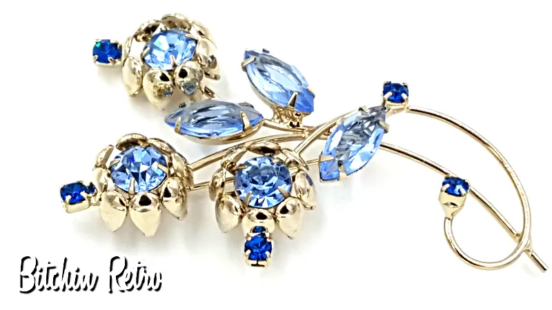 Vintage Rhinestone Flower Brooch, Art Nouveau Style in Shades of Blue