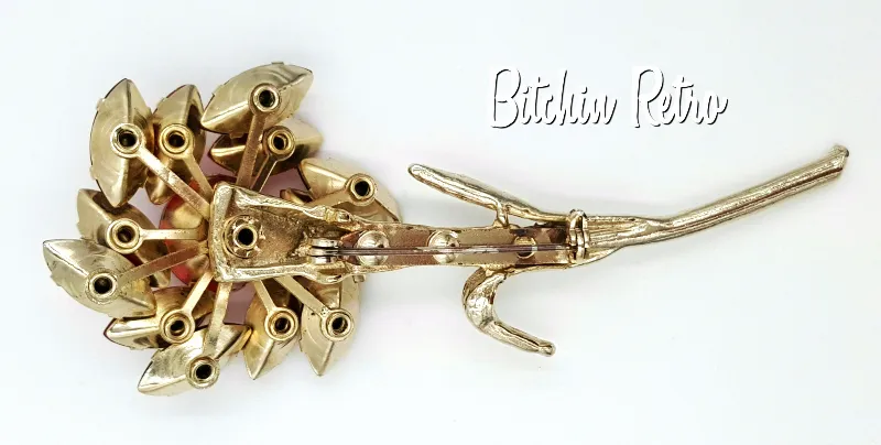 Vintage Rhinestone Flower Brooch Red and Pink Long Stem Floral Pin
