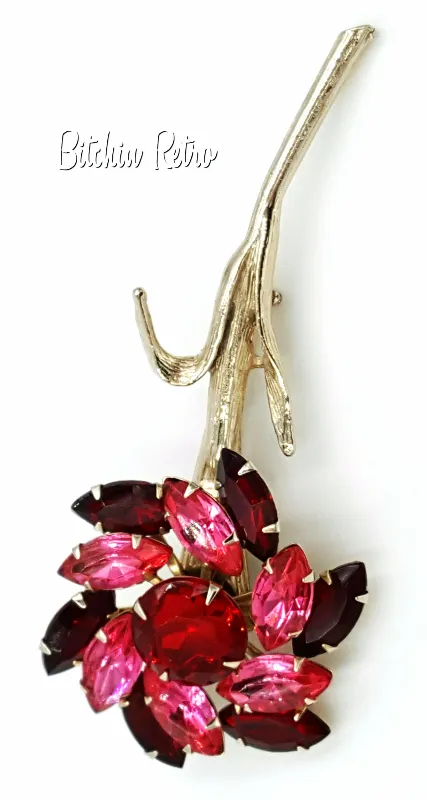 Vintage Rhinestone Flower Brooch Red and Pink Long Stem Floral Pin
