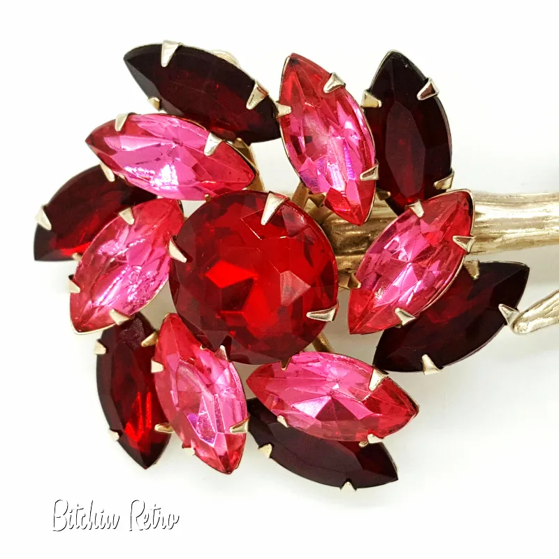 Vintage Rhinestone Flower Brooch Red and Pink Long Stem Floral Pin