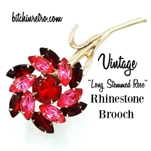 Vintage Rhinestone Flower Brooch Red and Pink Long Stem Floral Pin