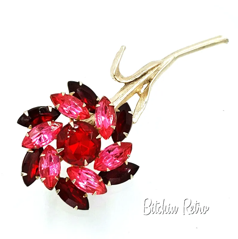 Vintage Rhinestone Flower Brooch Red and Pink Long Stem Floral Pin