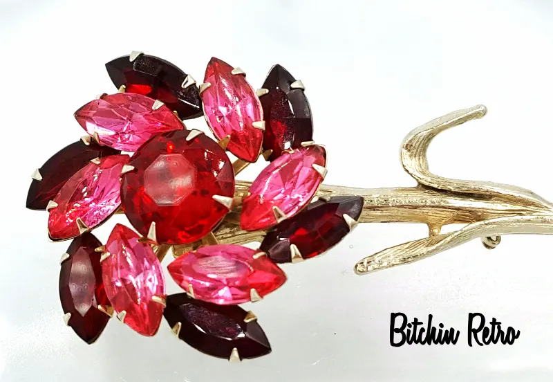 Vintage Rhinestone Flower Brooch Red and Pink Long Stem Floral Pin