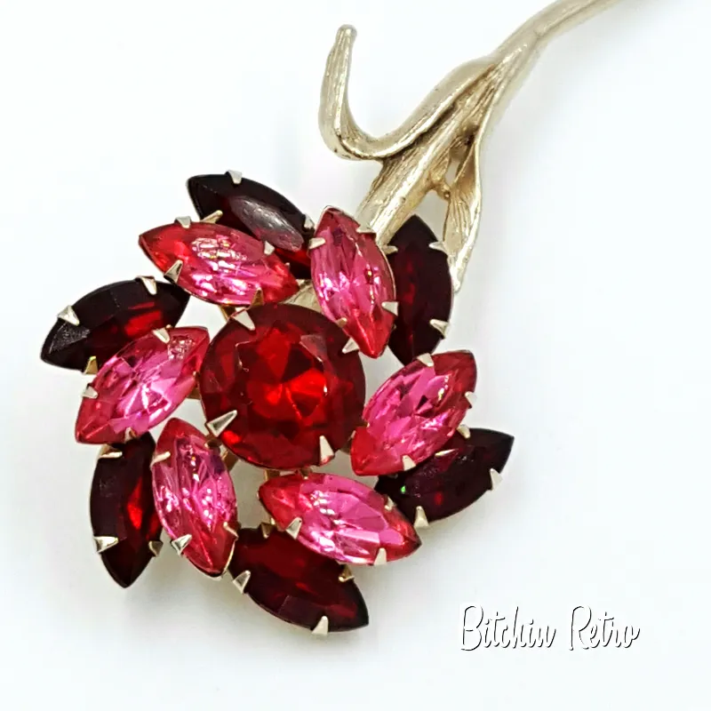 Vintage Rhinestone Flower Brooch Red and Pink Long Stem Floral Pin