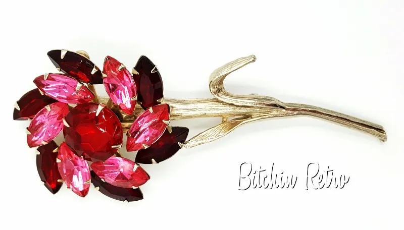Vintage Rhinestone Flower Brooch Red and Pink Long Stem Floral Pin