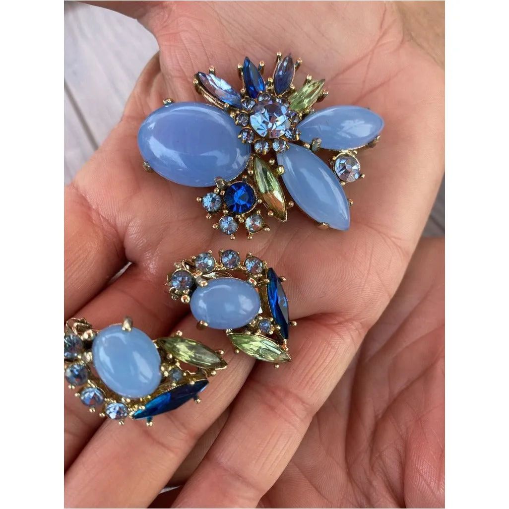 Vintage Rhinestone Set Brooch and Clip Ears Blues/Greens